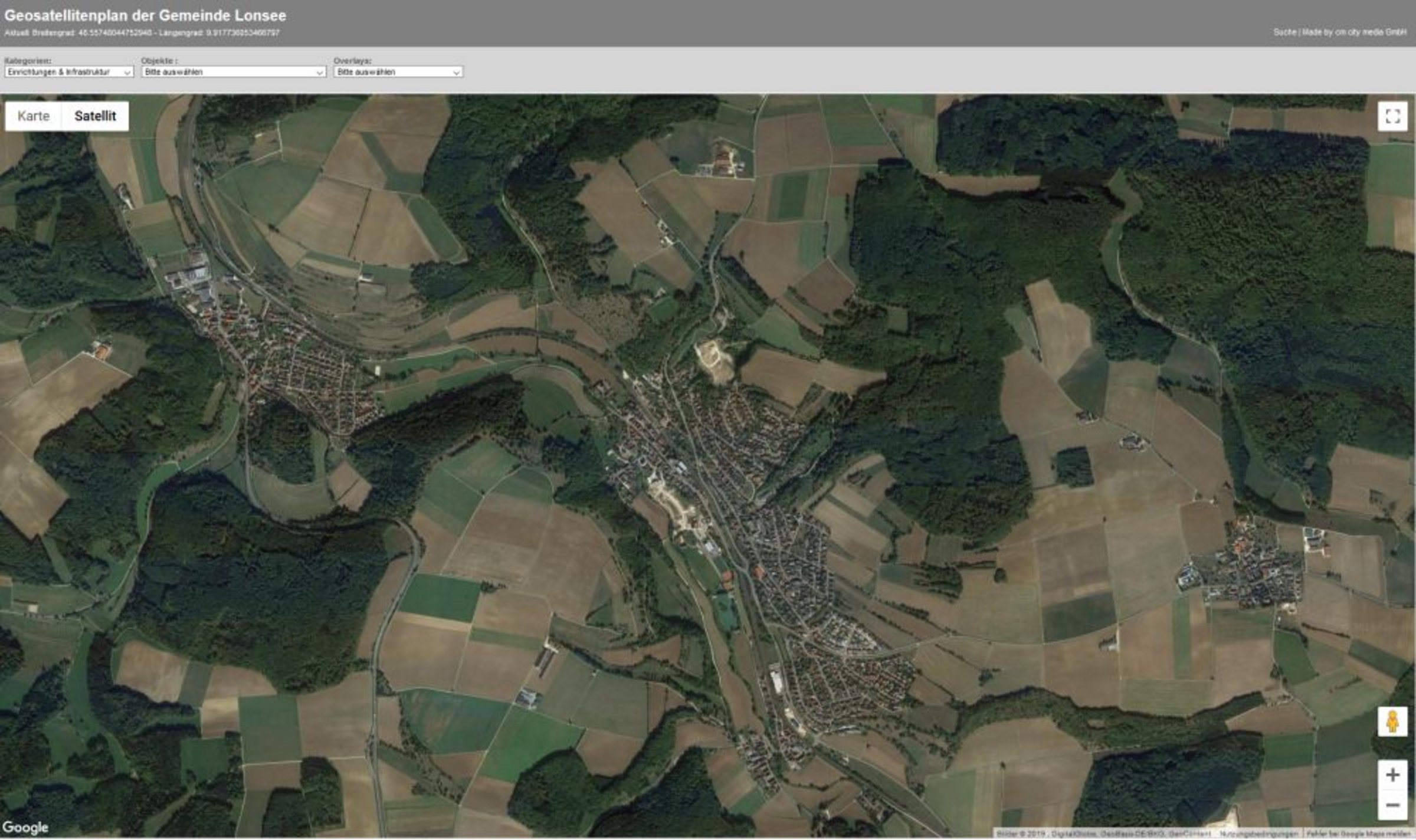 Screenshot Satellitenplan der Gemeinde Lonsee